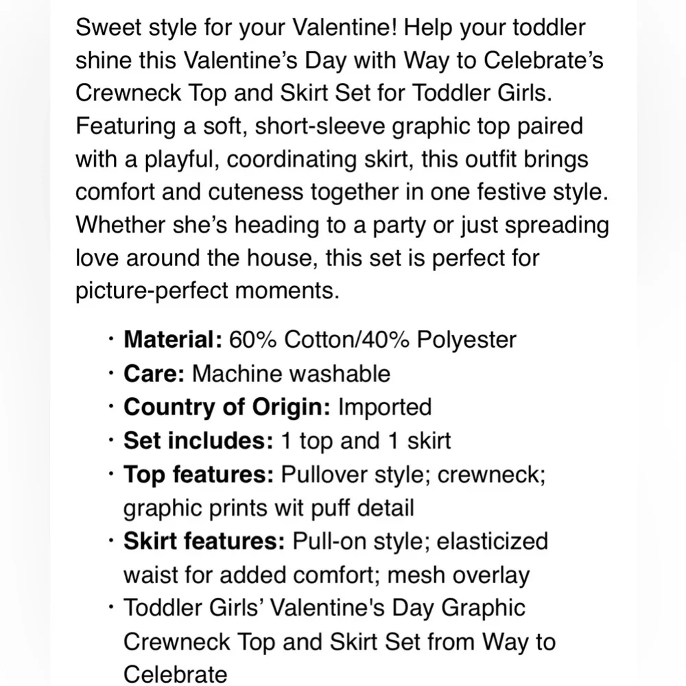 Way To Celebrate Toddler Girls Valentine’s Day Pink Top & Tutu Skirt‎ Set 3T